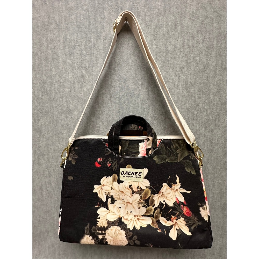 Dachee‎ Laptop Messenger Bag Medium Black Peony Floral Padded Cottagecore